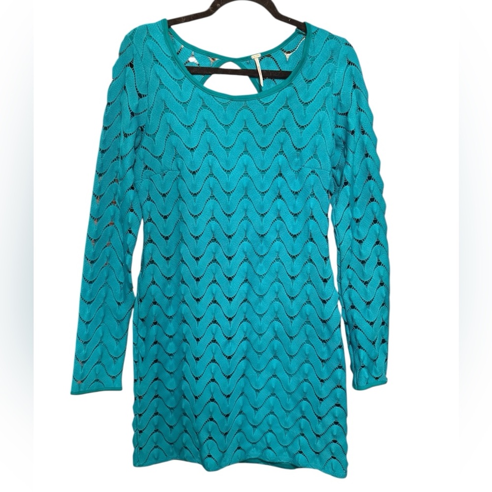 Free People Wild Thing Crochet Lace Long Sleeve Mini Dress, medium